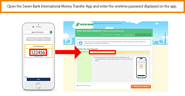 Open the Seven Bank International Money Transfer App and enter the onetime password displayed on the app.