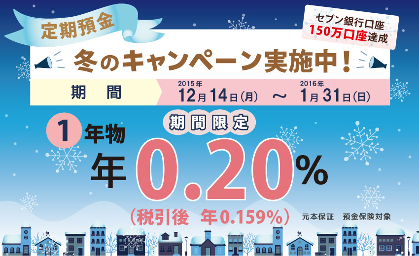 定期預金 冬のキャンペーン実施中！ 期間 2015年12月14日（月）～2016年1月31日（日） 期間限定 1年物 年0.20％ （税引後 年0.159％）元本保証 預金保険対象