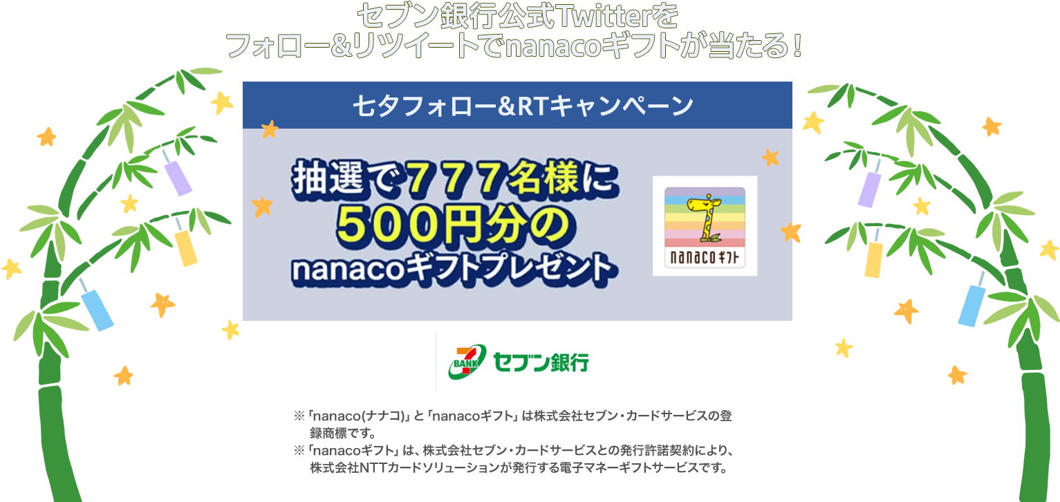 セブン銀行公式Twitterをフォロー&リツイートでnanacoギフトが当たる！ 七夕フォロー＆RTキャンペーン 抽選で777名様に500円分のnanacoギフトプレゼント ※「nanaco(ナナコ)」と「nanacoギフト」は株式会社セブン・カードサービスの登録商標です。 ※「nanacoギフト」は、株式会社セブン・カードサービスとの発行許諾契約により、株式会社NTTカードソリューションが発行する電子マネーギフトサービスです。