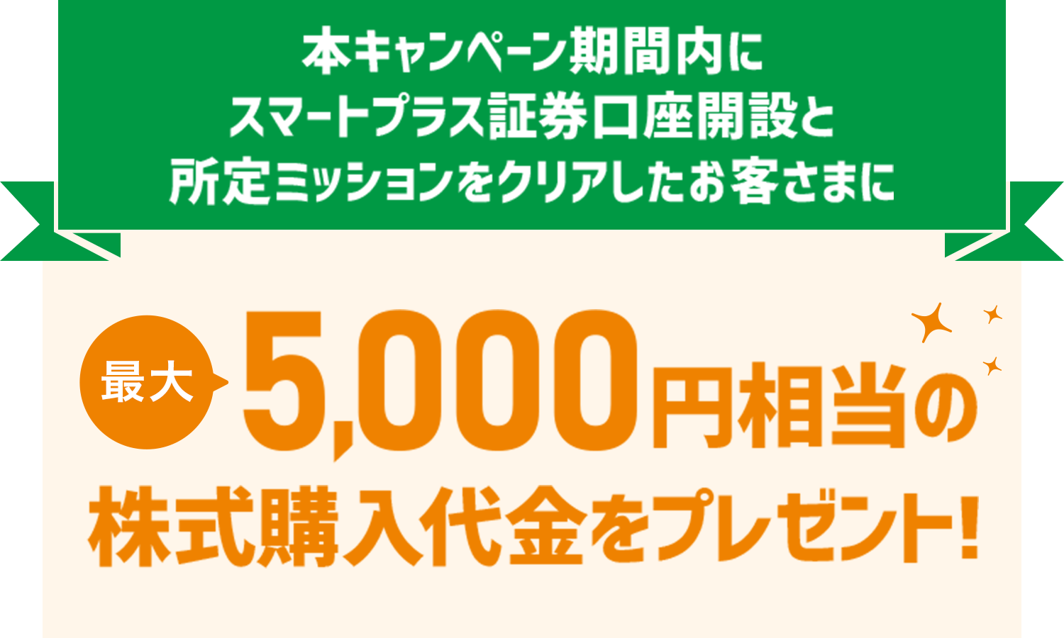 本キャンペーン期間内にスマートプラス証券口座開設と所定ミッションをクリアしたお客さまに最大5,000円相当の株式購入代金をプレゼント！