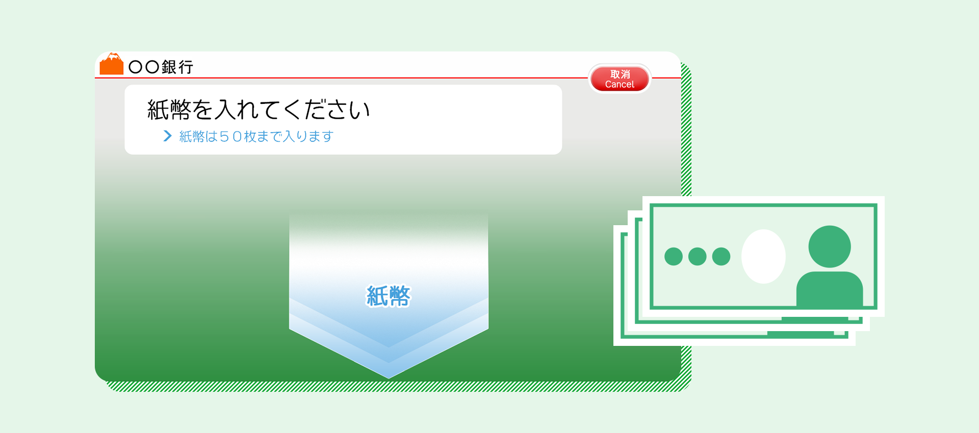 ATMに紙幣を入れて入金（チャージ）完了※ATM画面で入金（チャージ）金額を選択する場合もあります（利用イメージ）